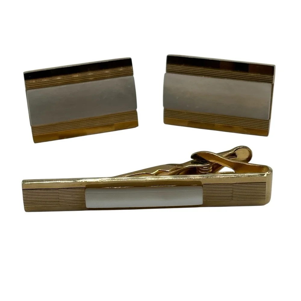 Vintage Swank Cufflinks‎ Tie Bar Set Gold Tone Metal Mother Of Pearl Rectangle